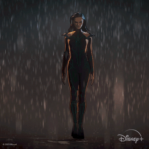 A Silhouette Of A Woman Standing In The Rain With Disney + In The Corner GIF