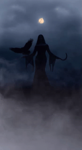 A Silhouette Of A Woman With A Crow On Her Shoulder GIF