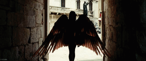 A Silhouette Of A Woman With Angel Wings Standing In An Alleyway GIF