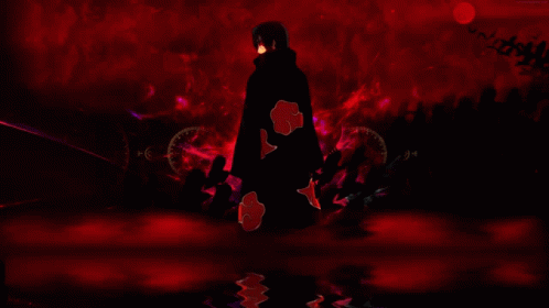 A Silhouette Of Itachi Uchiha From Naruto With A Red Cloud On His Chest GIF