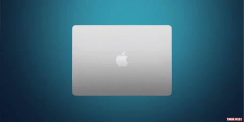 A Silver Apple Laptop On A Blue Background With Thinkpads Written Below It GIF