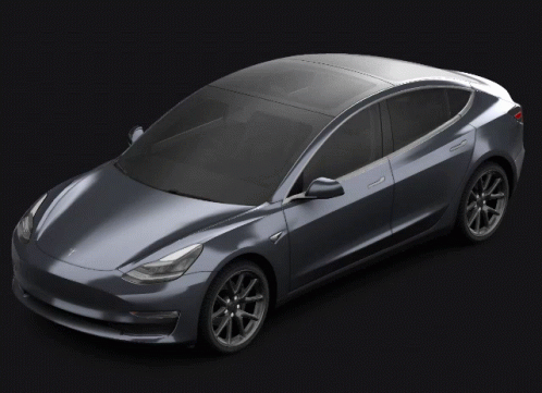 A Silver Tesla Model 3 With The Trunk Open GIF