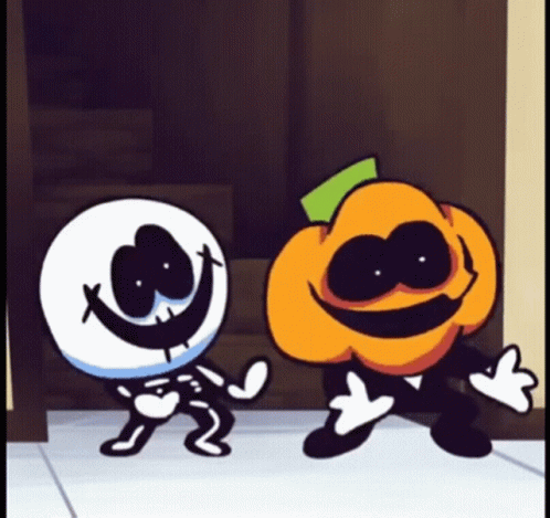 A Skeleton And A Pumpkin Are Standing Next To Each Other And Smiling . GIF