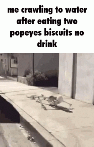 A Skeleton Crawling To Water After Eating Two Popeyes Biscuits No Drink . GIF