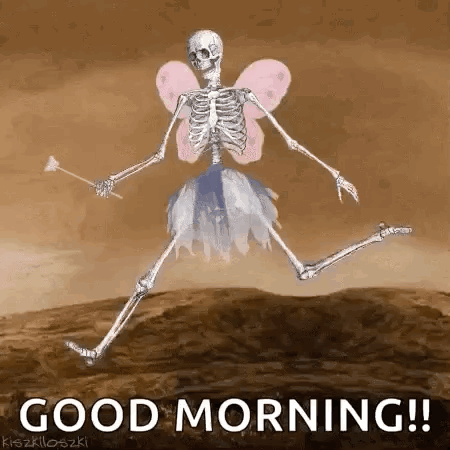 A Skeleton Dressed As A Fairy Is Jumping In The Air With A Wand . GIF