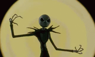 A Skeleton From The Nightmare Before Christmas Is Standing In Front Of A Full Moon . GIF