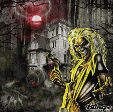A Skeleton Holding A Gun In Front Of A Haunted House With Blingee Written On The Bottom GIF