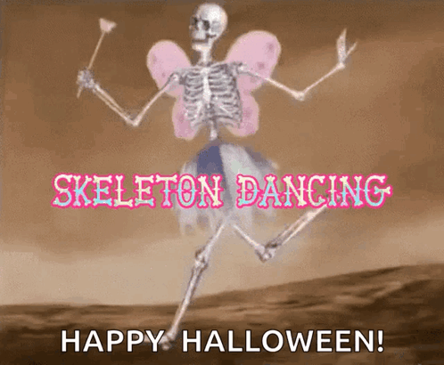 A Skeleton In A Fairy Costume Is Dancing With The Words " Skeleton Dancing Happy Halloween " GIF