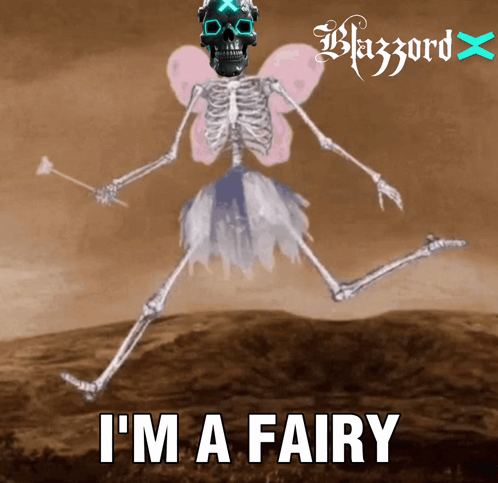 A Skeleton In A Fairy Costume With The Words " I 'M A Fairy " Below It GIF
