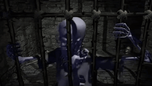A Skeleton Is Behind Bars In A Jail Cell GIF