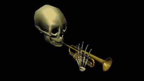A Skeleton Is Blowing A Trumpet In A Dark Room . GIF