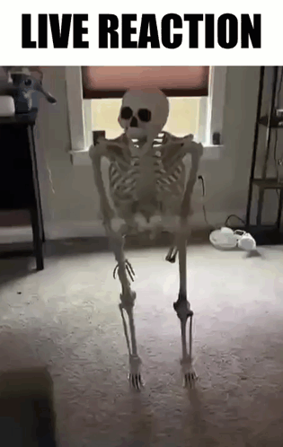 A Skeleton Is Dancing In A Living Room With The Words `` Live Reaction '' Written Above It . GIF