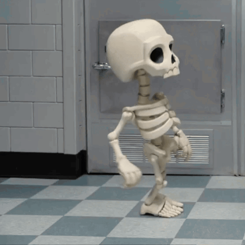 A Skeleton Is Dancing On A Checkered Floor In Front Of A Door GIF