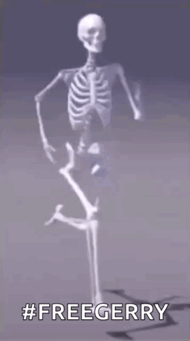 A Skeleton Is Dancing On A Gray Background With The Words `` Freegerry '' Written Below It . GIF