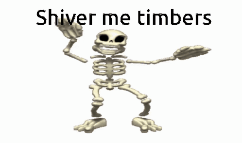 A Skeleton Is Dancing With The Words " Shiver Me Timbers " Behind It GIF