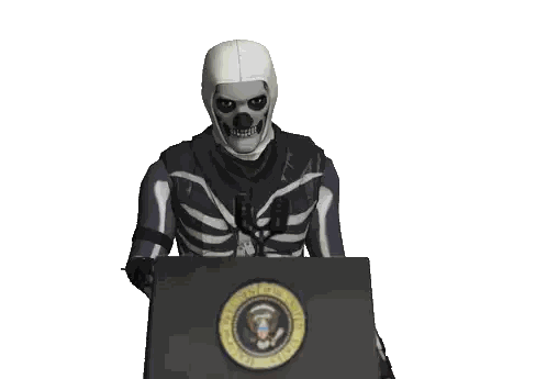a skeleton is giving a speech at a podium with the seal of the president of the united states