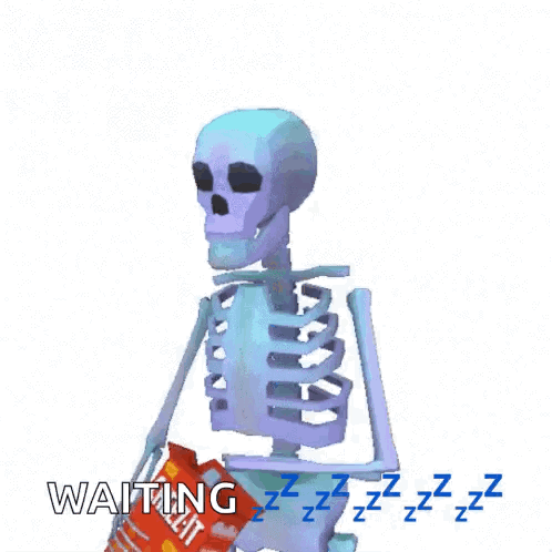 A Skeleton Is Holding A Bag Of Chips And The Word Waiting Is Above Him . GIF