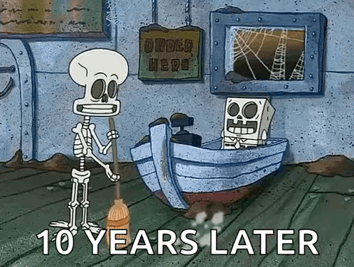 A Skeleton Is Holding A Broom Next To A Skeleton In A Boat . GIF