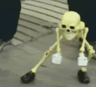 A Skeleton Is Holding A Light Bulb In His Hand And Standing On One Leg . GIF