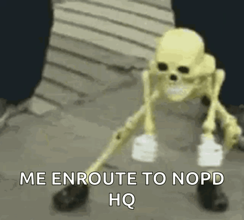 A Skeleton Is Holding A Pair Of Dumbbells And Saying `` Me Enroute To Nopd Hq '' . GIF