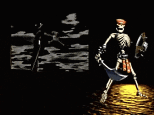 A Skeleton Is Holding A Sword And Shield In A Game GIF