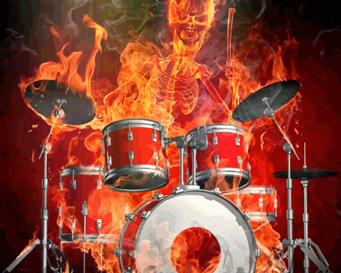 A Skeleton Is Playing Drums In Front Of A Fire Background GIF