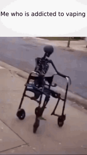 a skeleton is riding a walker on a sidewalk .
