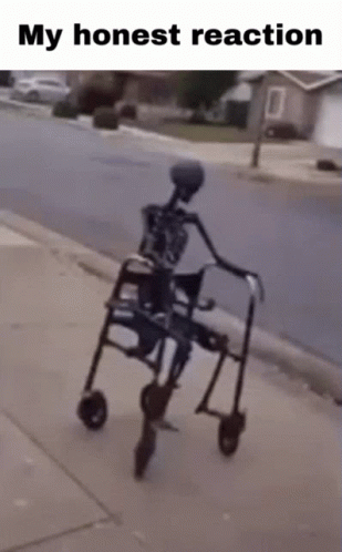 A Skeleton Is Riding A Walker On The Sidewalk GIF