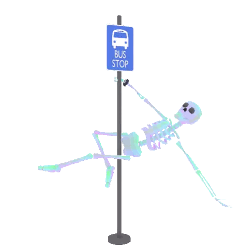 a skeleton is sitting at a bus stop