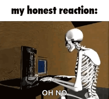 A Skeleton Is Sitting At A Desk In Front Of A Computer Keyboard . GIF