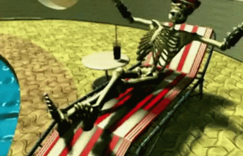 A Skeleton Is Sitting On A Beach Chair Next To A Pool Holding A Beach Ball . GIF
