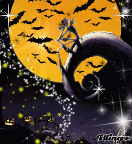 A Skeleton Is Sitting On A Swirl In Front Of A Full Moon With Bats GIF