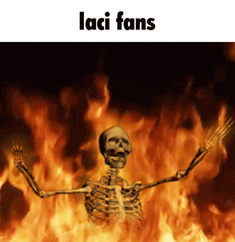 A Skeleton Is Standing In Front Of A Fire With The Words Laci Fans Above Him GIF