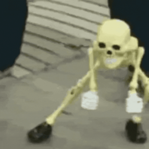 A Skeleton Is Standing On A Sidewalk Holding A Light Bulb In Its Hand . GIF