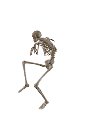 A Skeleton Is Standing On A White Background And Looking At The Camera . GIF