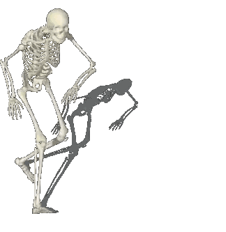 a skeleton is standing on one leg with a shadow on the ground