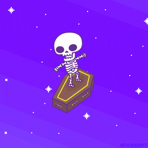 A Skeleton Is Standing On Top Of A Brown Coffin GIF