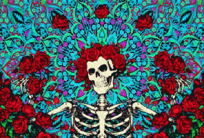 A Skeleton Is Surrounded By Roses In A Psychedelic Painting . GIF