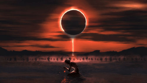 A Skeleton Kneeling In Front Of A Ring Of Fire GIF