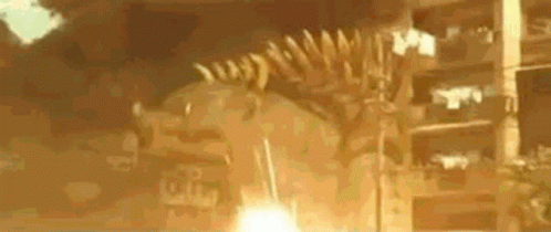 A Skeleton Of A Dinosaur Is Being Displayed In Front Of A Building In A Museum . GIF