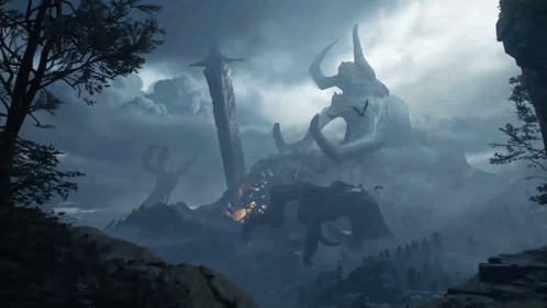 A Skeleton Of A Monster With Horns Is Surrounded By Trees And Rocks GIF