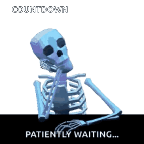 A Skeleton Sits At A Table With The Words " Patiently Waiting " Written Below It GIF