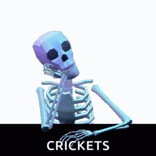A Skeleton Sitting At A Table With The Word Crickets Written On The Bottom GIF