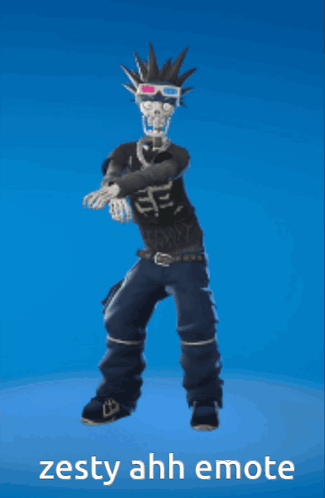A Skeleton Wearing 3D Glasses And A Mohawk Is Dancing With The Words Zesty Ahh Emote Above Him GIF