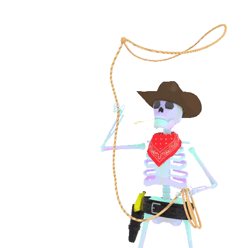 a skeleton wearing a cowboy hat and a bandana holds a lasso