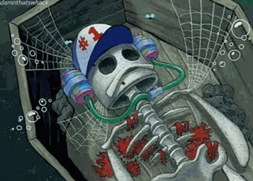 A Skeleton Wearing A Hat Is Laying In A Coffin Surrounded By Bubbles . GIF