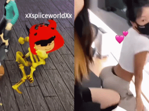 A Skeleton Wearing A Red Hat And Sunglasses Next To A Woman Wearing A Mask GIF