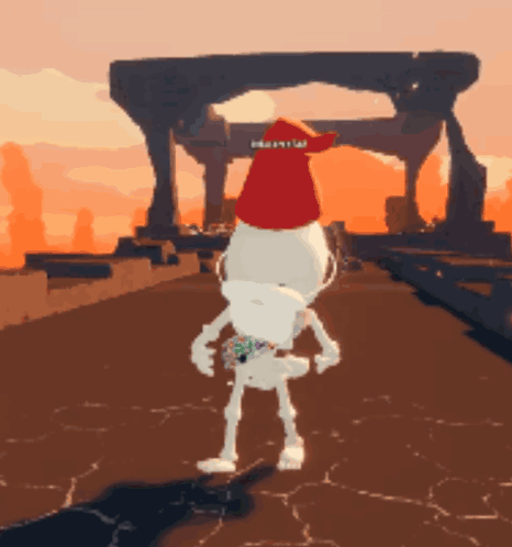 A Skeleton Wearing A Santa Hat Is Standing In Front Of A Stone Archway GIF