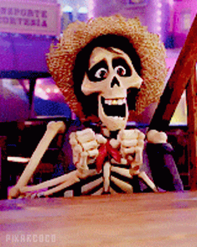 A Skeleton Wearing A Straw Hat And A Bow Tie GIF