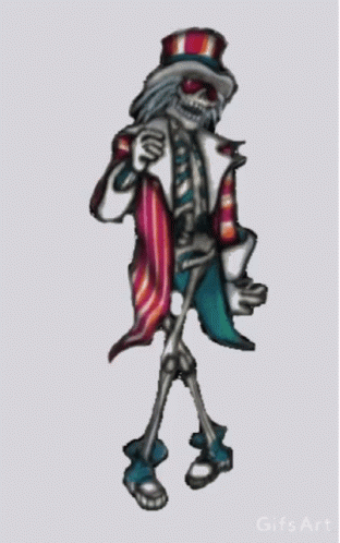A Skeleton Wearing A Top Hat And Striped Pants Is Holding A Cane . GIF